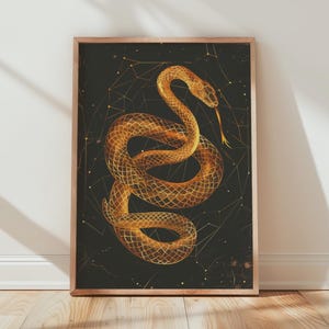 May include: A framed art print showcasing a golden snake illustration against a dark backdrop with constellation lines. The snake is coiled and detailed, with its forked tongue extended. The artwork is presented in a wooden frame, enhancing its visual appeal.