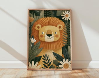 Cartoon Lion Jungle Wall Art Print for Kids Room Decor