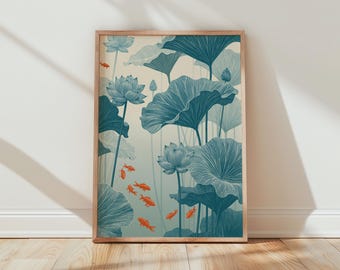 Lotus Flowers Wall Art Print Koi Fish Art Floral Illustration