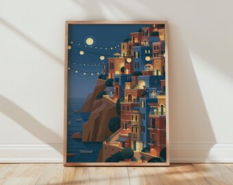 Mediterranean Night Cityscape Wall Art Print