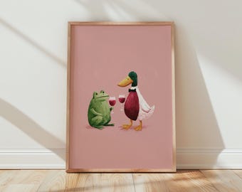 Frog Duck Wine Illustration Animal Wall Art Fun Print