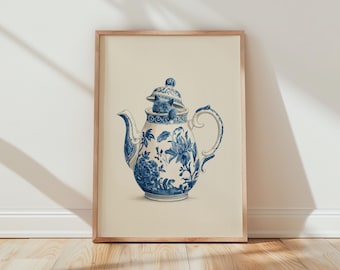 Art de la théière chat Illustration bleue et blanche de la théière
