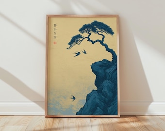 Japanese Minimalist Cliff Tree and Birds Wall Art Print