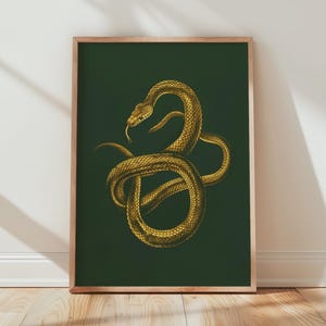 May include: A framed art print showing a detailed illustration of a golden snake on a dark green background. The snake is coiled with its tongue out. The frame is a light brown colour.
