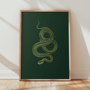 Könnte beinhalten: Gerahmter Kunstdruck mit einer detaillierten Illustration einer sich windenden Schlange. Die Schlange ist in Grün- und Goldtönen vor einem dunkelgrünen Hintergrund dargestellt. Das Kunstwerk ist in einem Naturholzrahmen eingefasst.