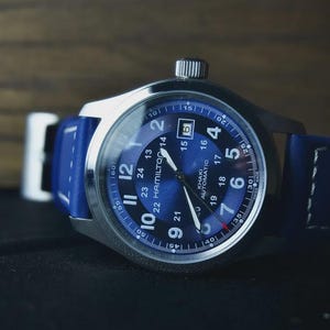 Khaki Blaue Vintage Armbanduhr | Generalüberholtes Schweizer Uhrwerk | Herren Navy Felduhr | Mechanisch Automatik Uhr | Militär Geschenk