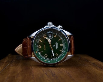 Seiko Alpinist Vintage Green Automatic Watch | Refurbished 7S26 Movement | Mens Field Watch | Emerald Green Dial | Custom Mechanical Gift
