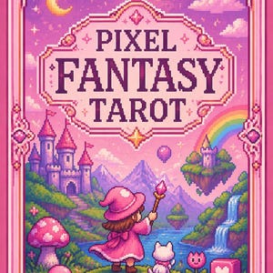 May include: A pixel art illustration for a tarot deck titled "Pixel Fantasy Tarot." The image features a pink-themed fantasy landscape with a wizard, a cat, castles, a rainbow, and the text "Pixel Fantasy Tarot."