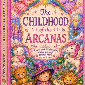May include: A colorful tarot card deck box titled "The Childhood of the Arcanas." The box features whimsical illustrations of angels, a unicorn, a bunny, and a girl reading a book. The box is pink with text that reads "Discover. Connect. Transform."