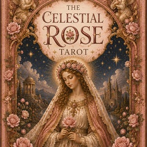 May include: The Celestial Rose Tarot deck box features a central figure wearing a rose crown and veil, holding a pink rose. The ornate frame includes angels, roses, and a cross. Text reads: The Celestial Rose Tarot, A 22 Card Major Arcana Deck.