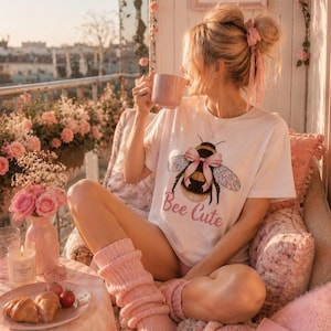 Cute Bee Graphic Tee, Bee Cute Shirt, Coquette Aesthetic Tee, Pink Bow Bumblebee Shirt, Feminine Soft Girl, Graphic Tee Bee Lover Gift Women