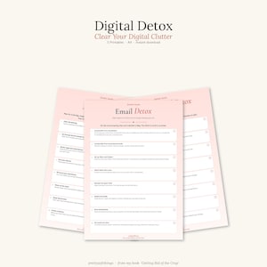 May include: A set of five A4 digital printable sheets with a light pink background and dark text. The top sheet is titled Email Detox and features a checklist for organizing digital files. The text includes Digital Detox and Clear Your Digital Clutter.