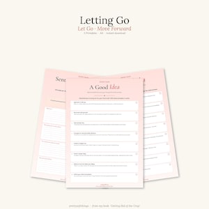 May include: A set of five A4 printable documents with a light pink background and black text. The top page is titled A Good Idea and features a checklist of eight principles for decluttering, including Approach it with joy and Be honest with yourself.
