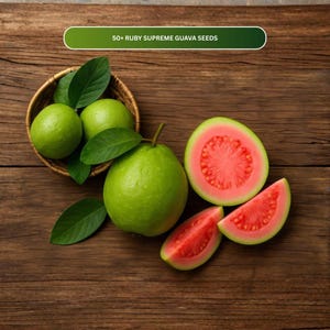 May include: An overhead shot of ruby supreme guava seeds. The image shows whole green guavas, some in a woven basket, and sliced guavas revealing pink flesh. The text "50+ RUBY SUPREME GUAVA SEEDS" is at the top.