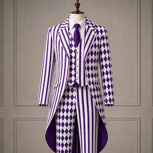 May include: A three-piece suit featuring a purple and white color scheme. The jacket and trousers display a mix of vertical stripes and diamond patterns. The waistcoat includes a purple necktie and gold-toned buttons, with a long tailcoat design.