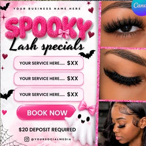 Op de afbeelding: Een digitale flyer-sjabloon voor wimperdiensten met de tekst SPOOKY Lash specials, drie servicevakken, een BOOK NOW-knop en een spookafbeelding. Het ontwerp bevat roze pluizige letters, vleermuis- en hartpictogrammen en wimperfoto's.