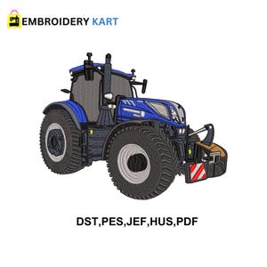 Puede incluir: Un diseño de bordado de un tractor azul con neumáticos negros grandes, una cabina gris y un bloque de peso frontal con rayas diagonales rojas y blancas. El texto EMBROIDERY KART aparece arriba y DST, PES, JEF, HUS, PDF abajo.