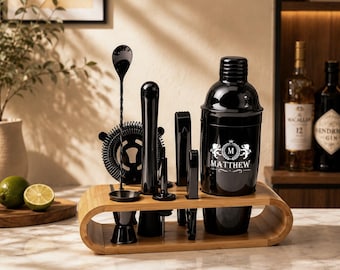 Gravierter Stahl Mattschwarzer Cocktail Alkohol Shaker, personalisiertes benutzerdefiniertes Whiskyweinset, Martini Barkeeper-Werkzeuge, Geschenk für Vater Ehemann