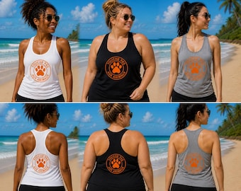 Débardeur femme dos nageur – Touche Pas Aux Animaux LOGO ORANGE (avant + arrière) –Top Tank été- CADEAU – Top femme sport été.