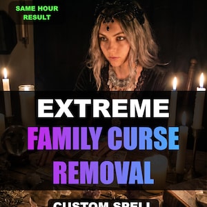 Puede incluir: Imagen con el texto "EXTREME FAMILY CURSE REMOVAL CUSTOM SPELL". La imagen presenta a una persona con una diadema oscura y joyas, rodeada de velas. También son visibles las palabras "SAME HOUR RESULT".