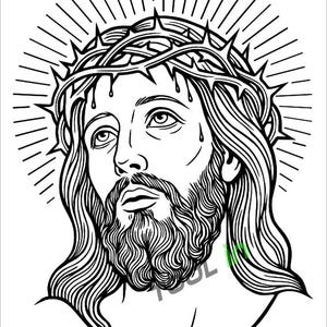 Può includere: Illustrazione in bianco e nero di un uomo con capelli lunghi, barba e una corona di spine. Il volto dell'uomo guarda verso l'alto, con raggi di luce che emanano da dietro la sua testa. Arte religiosa.