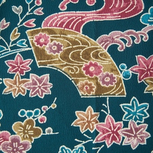Vintage Silk Kimono Fabric | Teal Floral Fan Wave | Quilting Patchwork