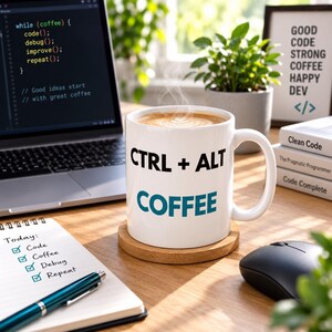 Könnte beinhalten: Eine weiße Keramiktasse mit dem schwarzen Text "CTRL + ALT" über dem türkisfarbenen Text "COFFEE". Die Tasse steht auf einem runden Holzuntersetzer und enthält ein dampfendes Heißgetränk mit sichtbarem Schaum auf der Oberfläche.