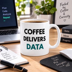 May include: A white ceramic mug with a handle, featuring the black text COFFEE DELIVERS and the teal text DATA printed on the front. The mug contains a dark brown liquid with visible steam rising from the top, set against a workspace background.