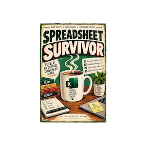 May include: A poster titled SPREADSHEET SURVIVOR featuring a coffee mug with an Excel logo, a stack of books labelled Plan, Analyse, Solve, Repeat, a notepad with a pen, a small potted plant, and a yellow sticky note that says You Can Do This.