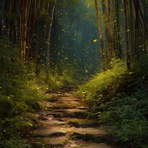 May include: A stone path winds through a lush bamboo forest, illuminated by golden light and floating particles. The path is lined with green foliage and moss-covered stones, creating a serene and inviting scene.