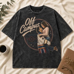Off-Campus 44 Hockey Player Holding Girl Washed T-shirt, Custom Vintage Romance Graphic Tee, Retro Bookish Fan Shirt, Ice Hockey Couple Top
