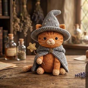 May include: A crocheted orange cat wearing a gray wizard hat and cape, holding a star-shaped wand. The cat is sitting on a wooden surface with books, bottles, and a candle in the background. The image includes text that says "4K INSTANT PDF DOWNLOAD".