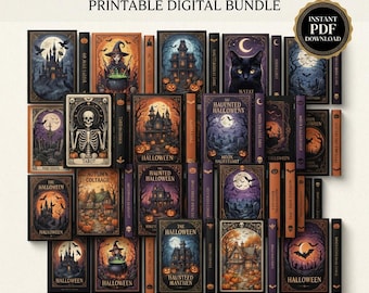 50 Halloween Book Covers + Spines, Printable Digital Bundle (PDF)