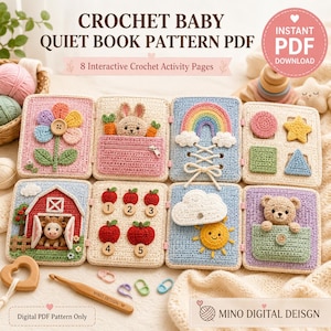 May include: A crochet baby quiet book pattern PDF featuring 8 interactive activity pages. The pages display colorful crocheted designs including a flower, a bunny with carrots, a rainbow, geometric shapes, a barn with a cow, numbered apples, a sun and cloud, and a bear in a pocket. A wooden crochet hook and stitch markers are included.