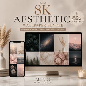 Pode incluir: Um pacote de produtos digitais com papéis de parede estéticos em 8K para dispositivos móveis e desktop. A tela exibe uma variedade de imagens, incluindo galáxias, montanhas, florestas, rosas e oceanos em uma paleta de cores neutras.