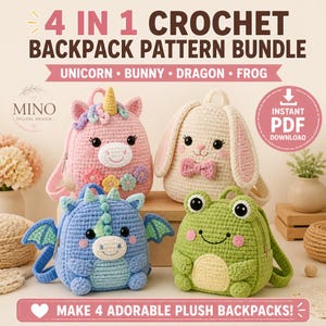 Könnte beinhalten: Ein 4-in-1-Häkelanleitungs-Set für Rucksäcke mit einem rosa Einhorn, einem cremefarbenen Hasen, einem blauen Drachen und einem grünen Frosch. Das digitale Design enthält den Text 4 IN 1 CROCHET BACKPACK PATTERN BUNDLE, UNICORN, BUNNY, DRAGON, FROG, INSTANT PDF DOWNLOAD.