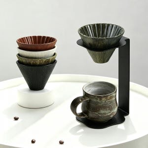 Ceramic Pour Over Coffee Dripper Set | Pottery Coffee Maker with Stand & Mug, V60 Unique Housewarming Gift for Coffee Lover