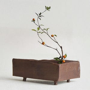 May include: A rectangular brown ceramic planter with a textured surface and four small feet. A thin, curved branch with green leaves and several small, round orange fruits is positioned inside the planter, extending upward and to the left.