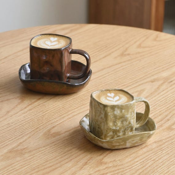 Ceramic Espresso Cup Set, Cup and Saucer, Square Coffee Cup, Handmade Tea Cup Set, Unique Pottery Mug, Wedding Gift for Her