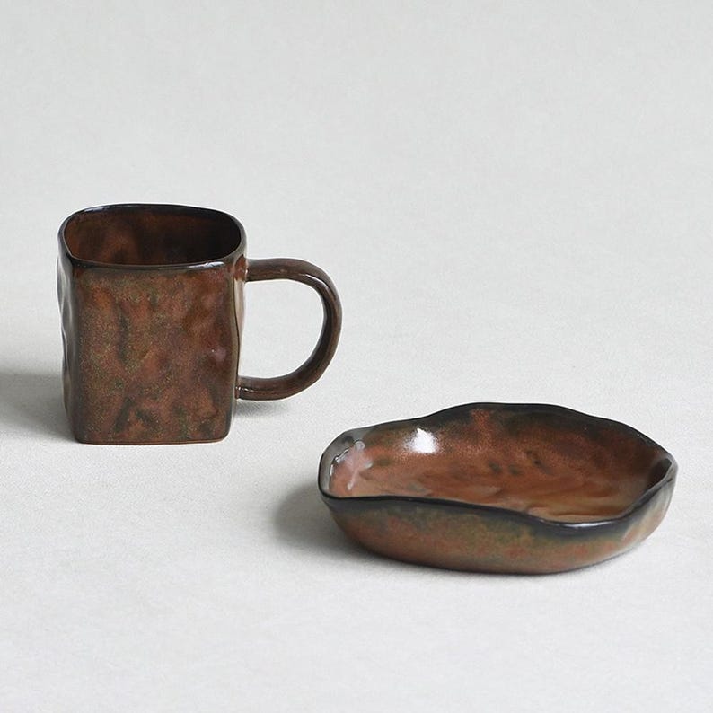 Zestaw ceramicznych filiżanek do espresso, filiżanka i spodek, kwadratowa filiżanka do kawy, ręcznie robiony zestaw filiżanek do herbaty, unikatowy kubek ceramiczny, prezent ślubny dla niej zdjęcie 2