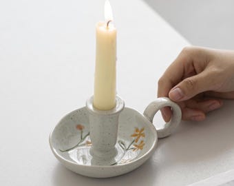 Ceramic Chamberstick Candle Holder, Taper Candle Holder with Handle, Vintage Hand Painted Candle Stand, Retro Underglaze Havdalah Decor