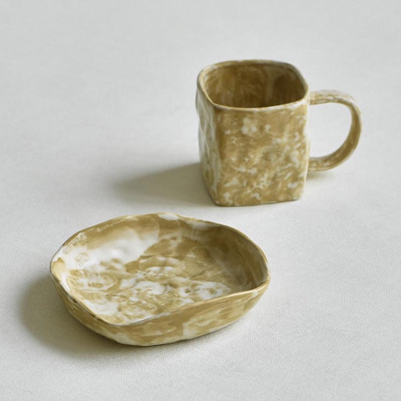 Zestaw ceramicznych filiżanek do espresso, filiżanka i spodek, kwadratowa filiżanka do kawy, ręcznie robiony zestaw filiżanek do herbaty, unikatowy kubek ceramiczny, prezent ślubny dla niej zdjęcie 8
