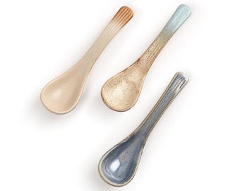 Handcrafted Ceramic Spoons, Ribbed Handle, Three Color Set, Soup Dessert Stirer
