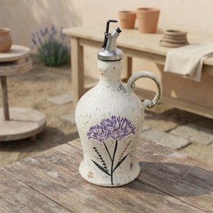 May include: A cream-coloured ceramic oil cruet with a speckled finish, featuring a painted purple flower design on the front, a curved handle, and a silver-toned metal pour spout with a black plastic lever mechanism at the top of the bottle.