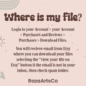 K&ouml;nnte beinhalten: Beige Grafik mit dem Text "Where is my file?" und Anweisungen zum Herunterladen von Dateien von Etsy. Der Text ist in einer braunen Retro-Schriftart gehalten. Das Bild enth&auml;lt dekorative Elemente wie Herzen, Sonne und abstrakte Formen.