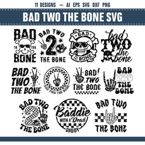 以下が含まれることがあります： 「BAD TWO THE BONE」の文字が入った、11種類の白黒SVGデザインのコレクション。スカル、骨、数字の2など、様々なフォントとスタイルでデザインされています。デジタルアートプロジェクトやクラフトに最適です。