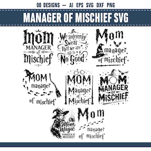 Może przedstawiać: Zbiór czarno-białych wzorów SVG z napisem "Mom Manager of Mischief". Projekty zawierają kapelusze czarownic, miotły i inne magiczne elementy. Górny baner głosi "08 Designs - AI EPS SVG DXF PNG".