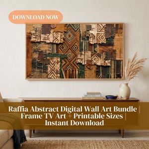 May include: A framed raffia abstract digital wall art piece with a variety of textures and patterns in shades of brown, beige, and green. The artwork is displayed above a wooden cabinet. The text "DOWNLOAD NOW" is in the upper left corner.