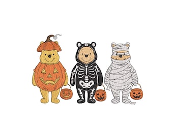 Halloween Winnie the Pooh Embroidery Design, Pumpkin Skeleton Mummy, Instant Download