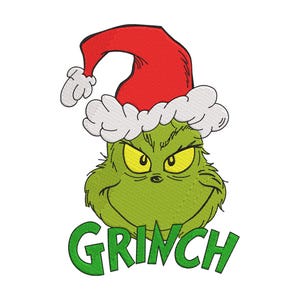 May include: An embroidered design featuring the green face of a character with yellow eyes and a furrowed brow, wearing a red and white Santa hat. Below the character, the word GRINCH is stitched in bold green capital letters.